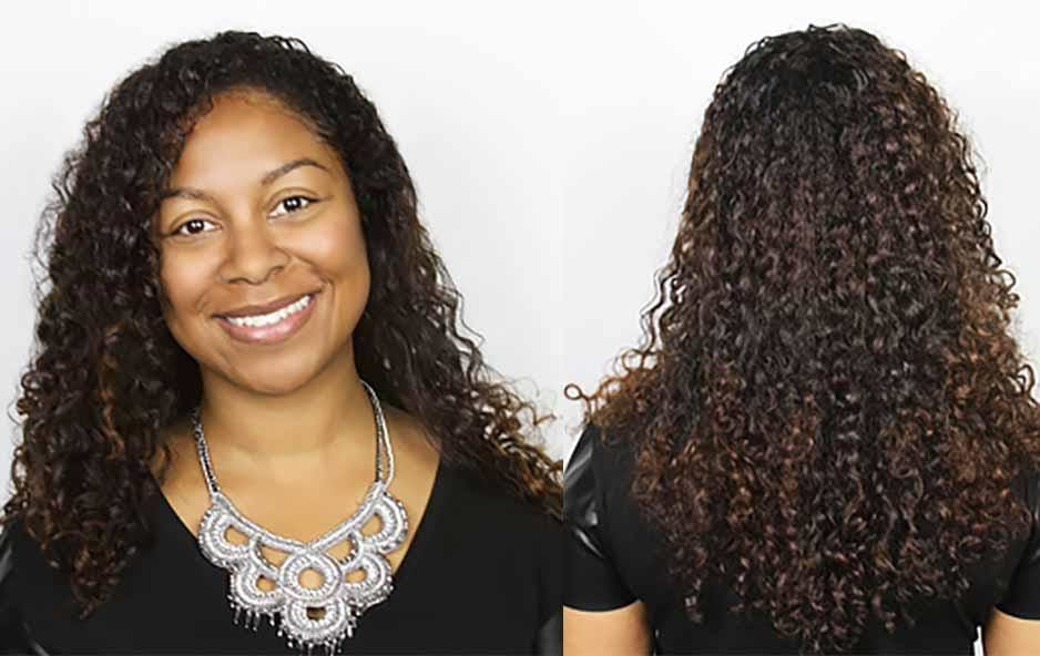 Front and back image of recently colored coily hair