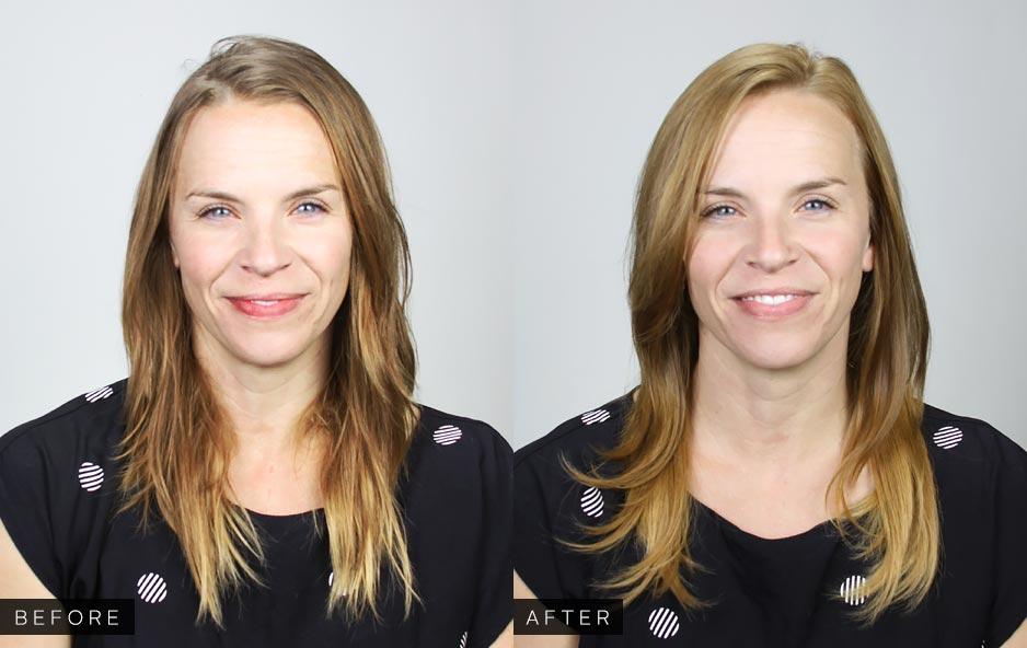Before and After hair photo - brown to lighter blonde hair