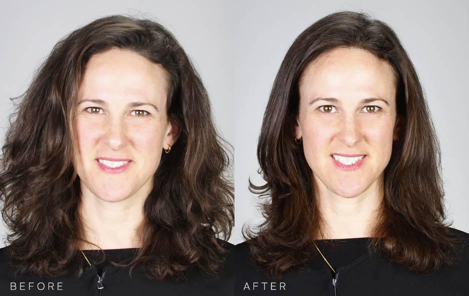 Level 6 Medium Brown Before and After Hair Color to new Sun Kissed Brunette