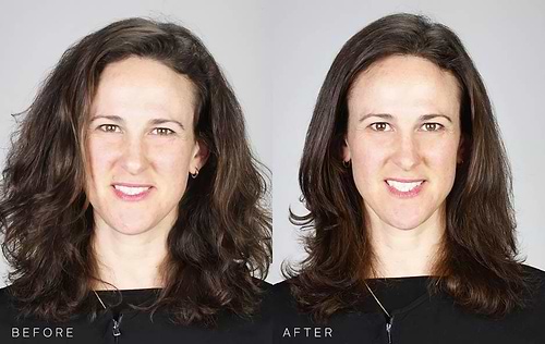 Level 6 Medium Brown Before and After Hair Color to new Sun Kissed Brunette