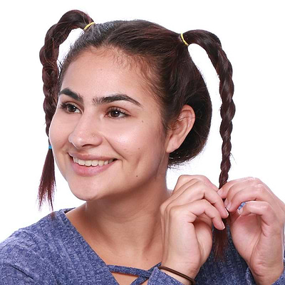 Braid each ponytail and secure with a hair band