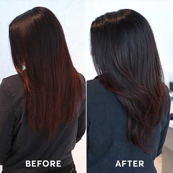before and after results of a brunette using Caffe Color Therapy to help tone brassiness down by adding smoky ash tones