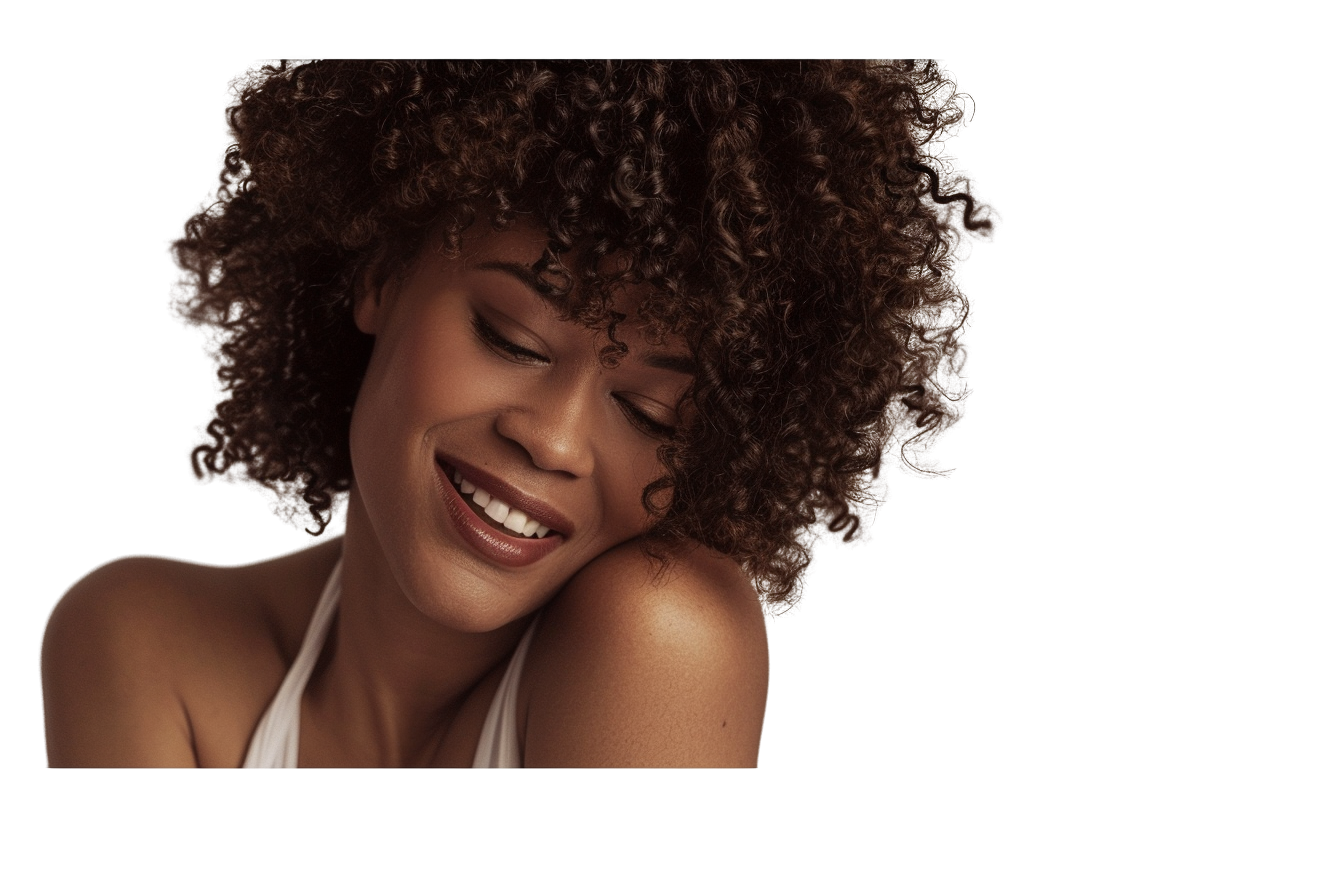 Coily brown hair on smiling woman