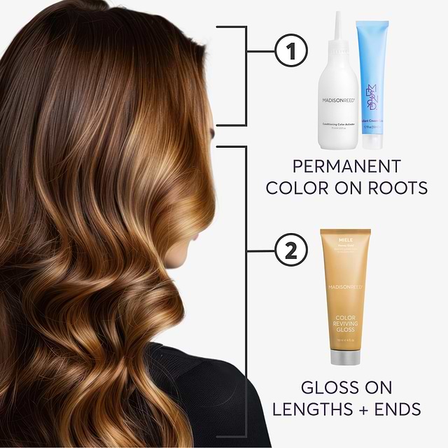 Permanent hair color on roots and Miele Gloss on lengths and ends