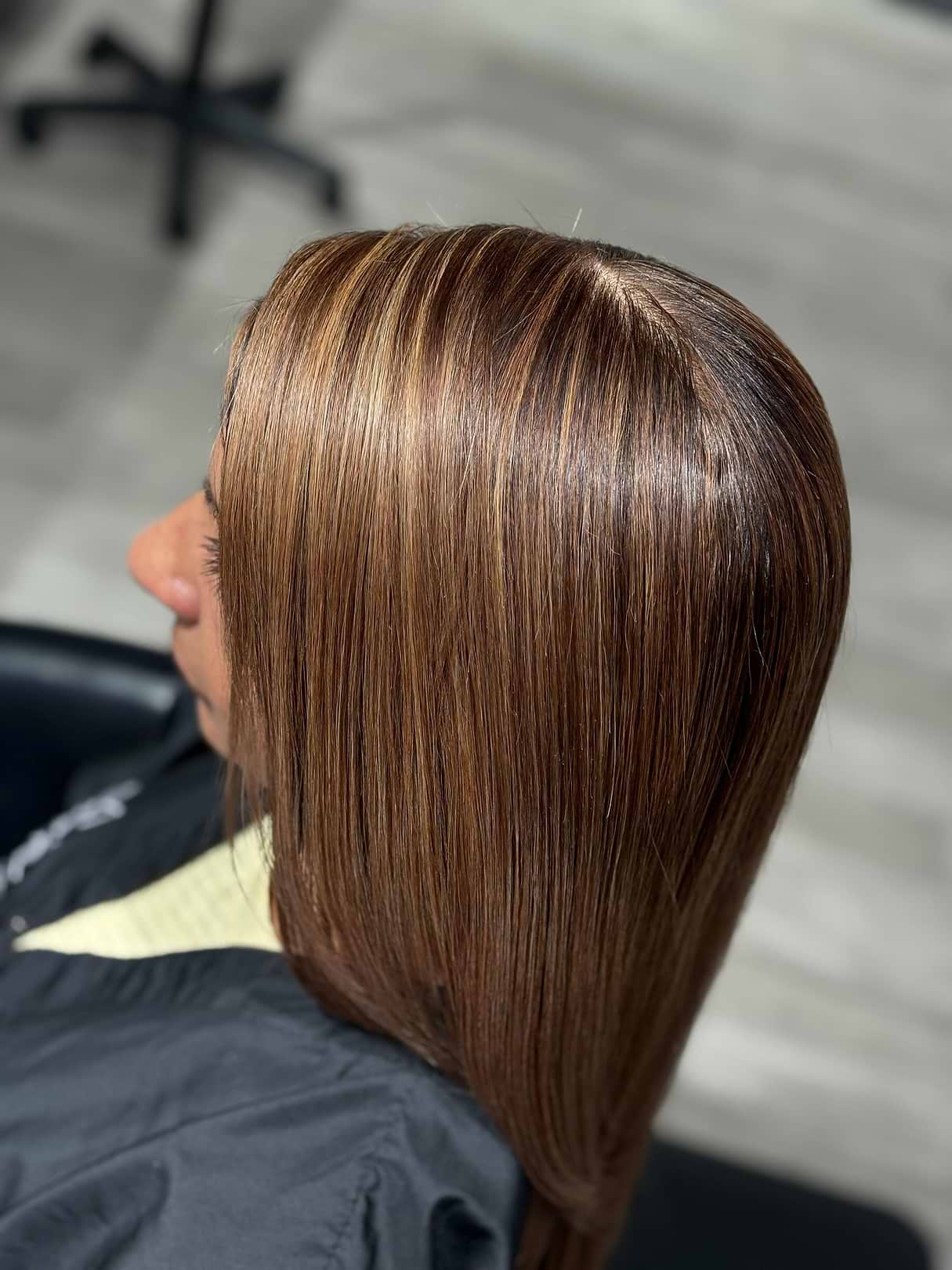 shiny hair partial foil highlight toned with Sorrento. Root touch up using 7.5NNA and sealed it all in with our fabulous Bonding Time Pro Treatment