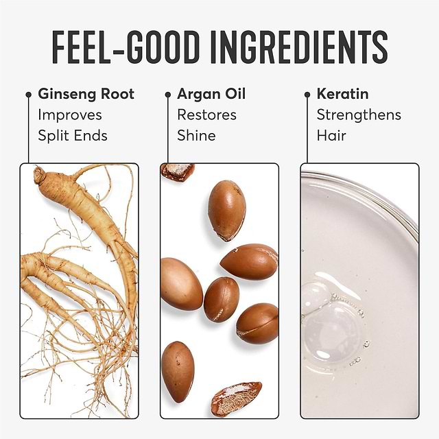 full of feel-good ingredients ginseng root, argan oil and keratin