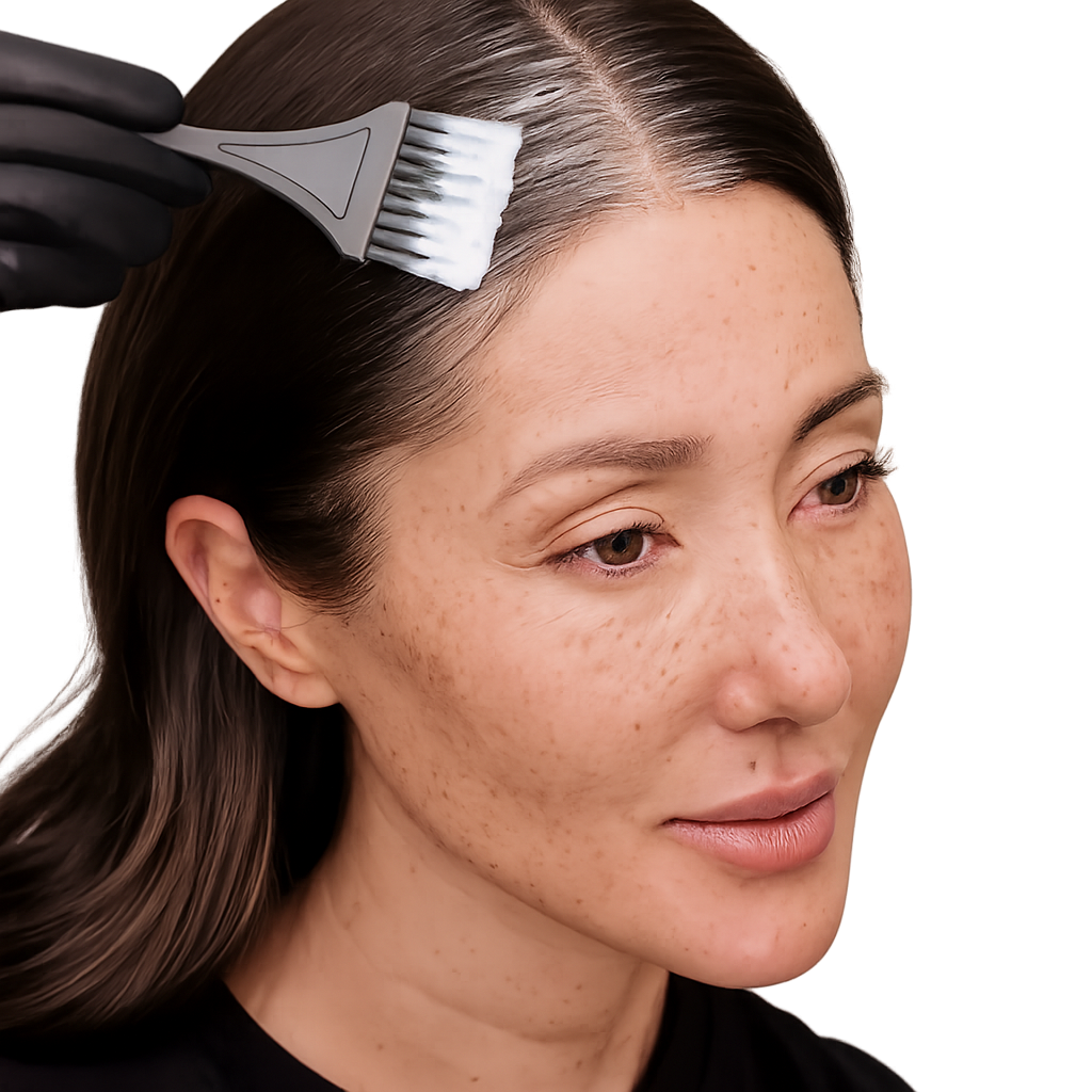 Application of root perfection root touch up permanent color on gray roots