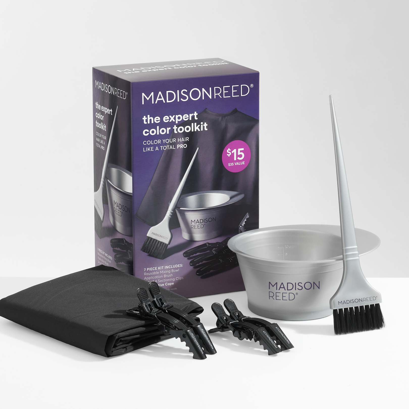 The Expert Hair Color Tool Kit complete with application bowl and brush, protective cape and sectioning hair clips