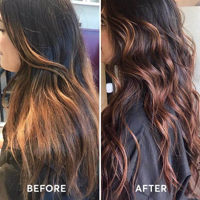 Warm bronze caramel tones on brunette hair after Amaretto Gloss