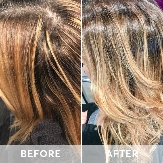 before and after using Crema Gloss to Reduce Brassiness