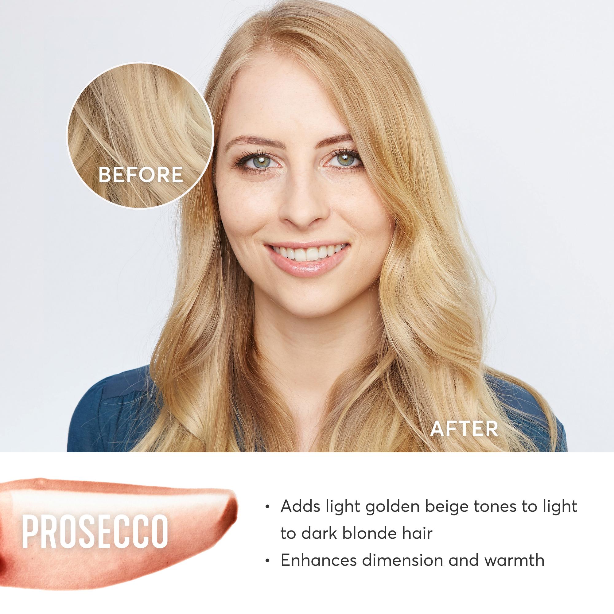 Prosecco adds light golden beige tones to light to dark blonde hair